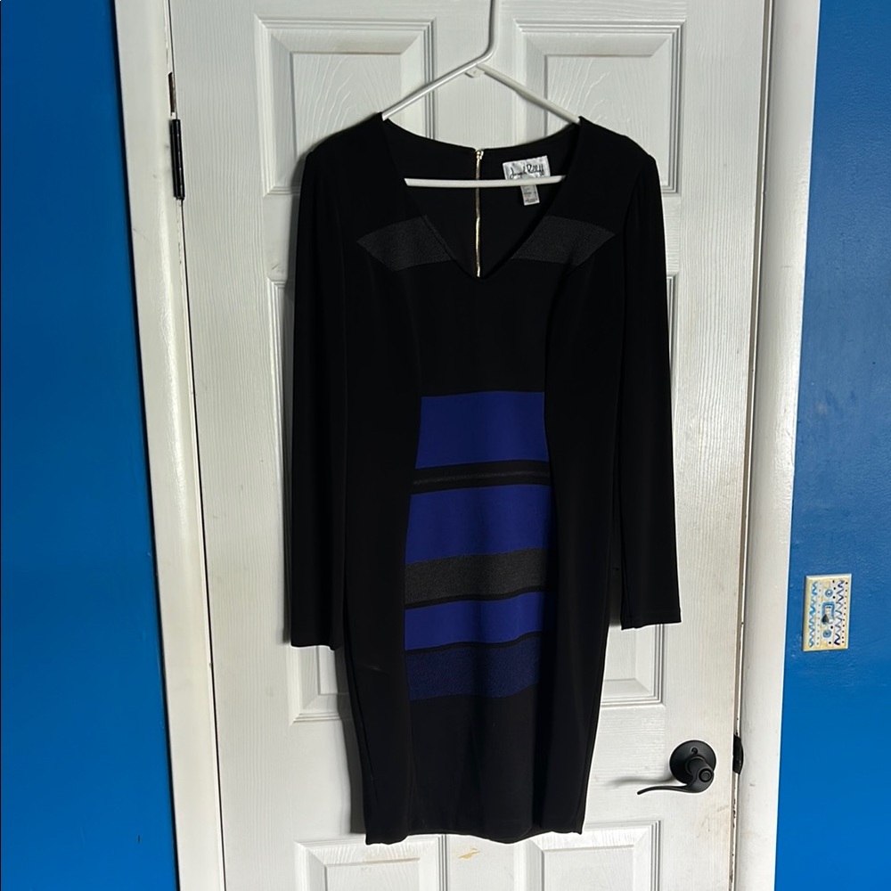 Joseph Ribkoff Black and Blue Long Sleeve Sheath Dress